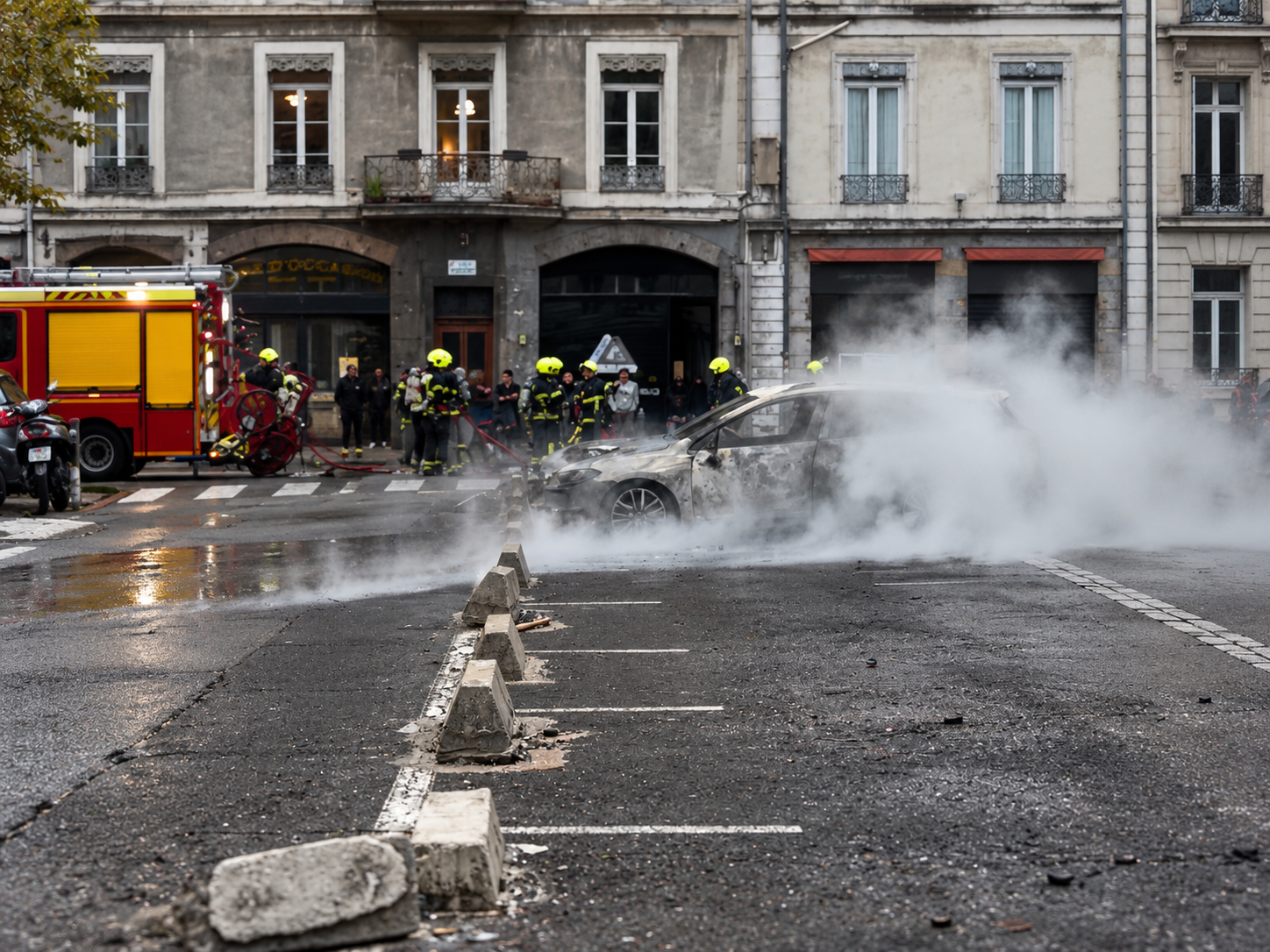 Intervention des pompiers dans la fum&eacute;e lors des violences urbaines &agrave; Grenoble le 17 octobre 2026